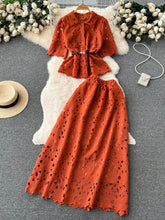 Two-Piece Hollow Lace Collared Blouse High Waist Flared Skirt MAX SIZE / OrangeRed